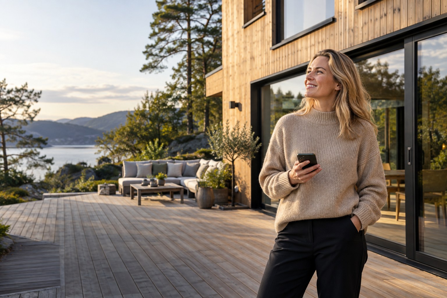 Boligeier med mobilen foran hjemmet sitt